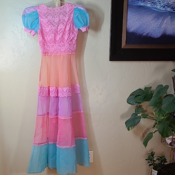 Sheer Fairycore Lace Patchwork Maxi Dress Pink Blue | Side Zip | Small - Picture 8 of 16